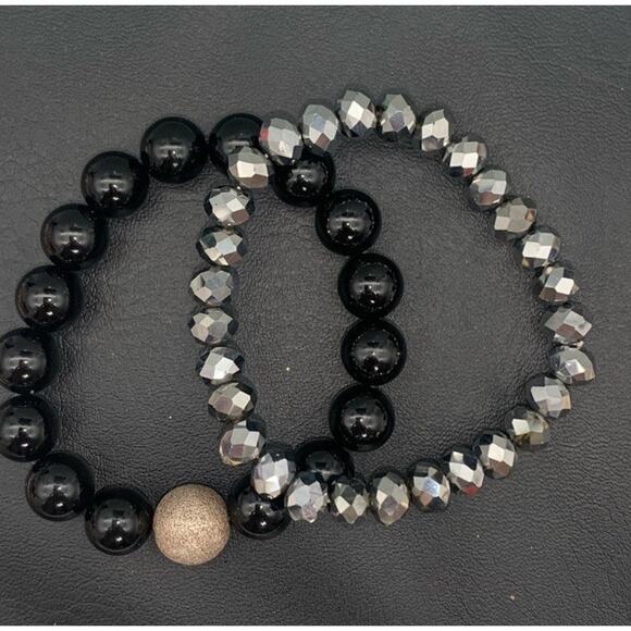 Lot Of 2 Stretch Bracelets 1 Mirror Faceted & 1 Black Glass Beaded - Picture 2 of 6